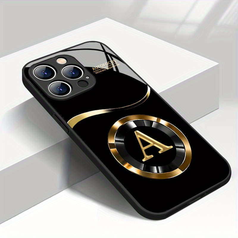 1Pc Black For iPhone 16 Plus Golden Letter A Pattern Phone Case