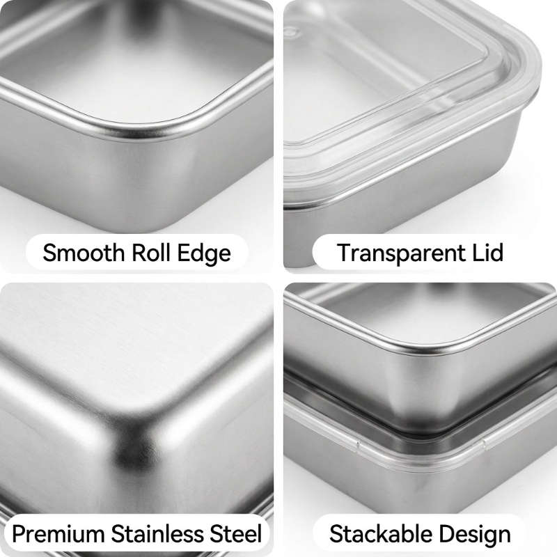 Antibacterial Box Stainless Steel Food Container 4Pcs 2 Boxes2 Lids