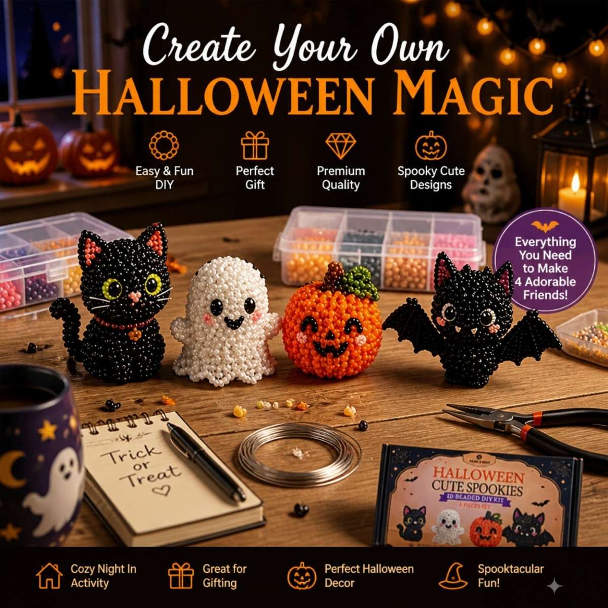 Perler Bead Set Halloween Cute Diy Beaded Set  4 Pieces
