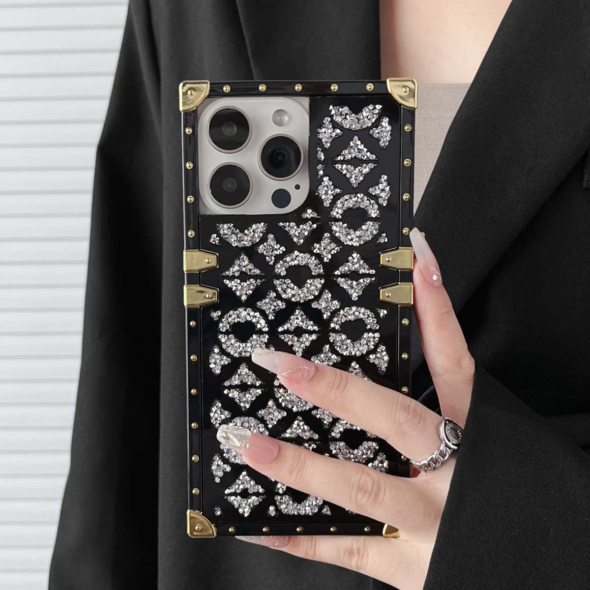 1Pc Black For iPhone 16 Plus Mirror Rhinestone Phone Case