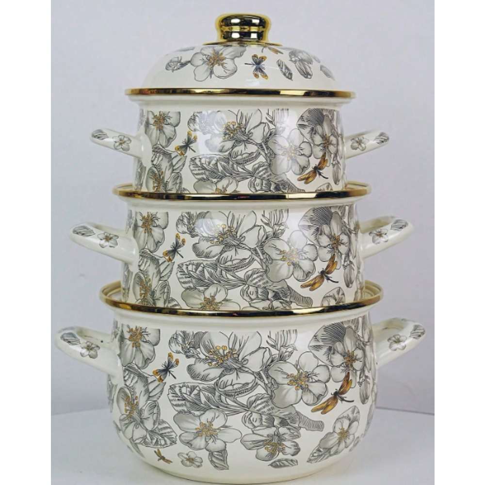 3Pcs Professional Enamel Cookware Set With Glass Lids Cooking