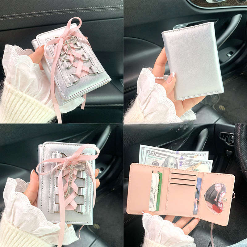 1pc Ballet Style Strap Wallet Short Design with Button Closure Three-Fold PU Card Holder Pra