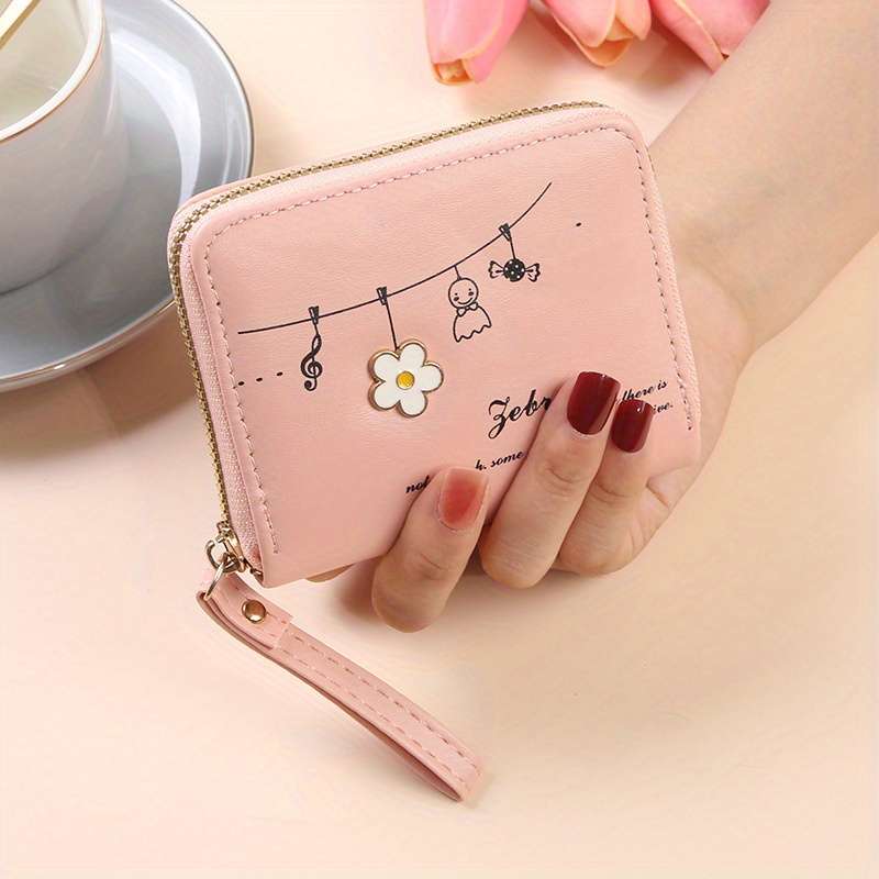 Elegant Pink Zipper Wallet With Floral Designlarge Capacity Multi-Compartment Card Holder F