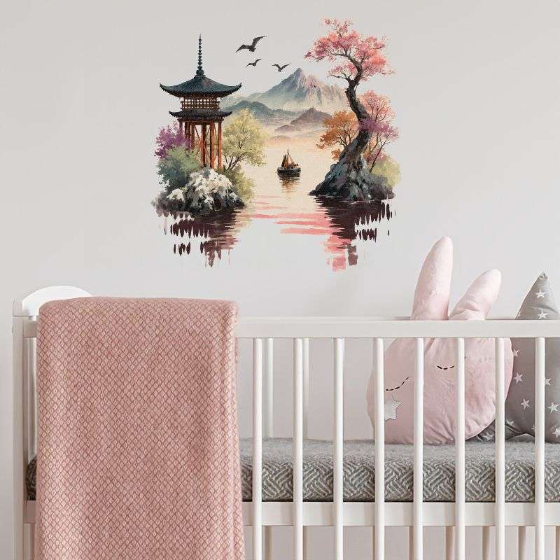 Luxury 1Pc Japanese Pagoda Mount Fuji Landscape Wall Sticker Wall Art