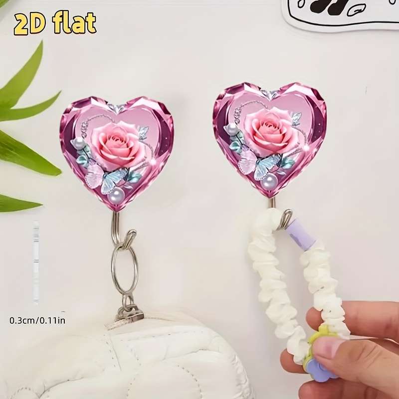 2D Flat Pink Rose Cartoon Pattern Hook Wall Mounted Easy To