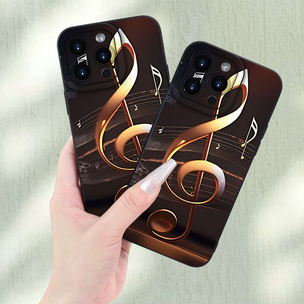 1Pc Black For iPhone 16 Plus Musical Note Pattern Phone Case