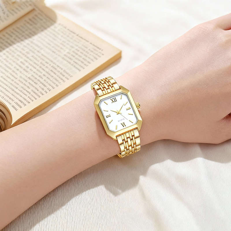 6Pcs Classic Charming Women Quartz Watch Jewelry Rhinestone Square Black