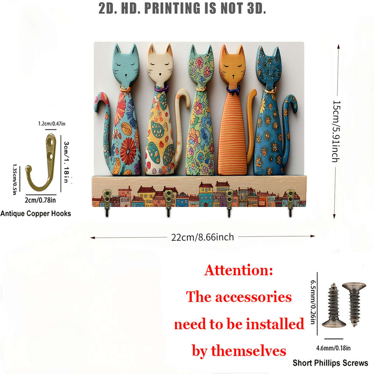 A 2D Wooden Key Holder Featuring A Colorful Cat Design material Wooden