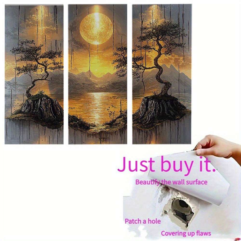 3Pcs Classic Leaflure Bonsai Tree Wall Art Golden Sun Mountain Living Room