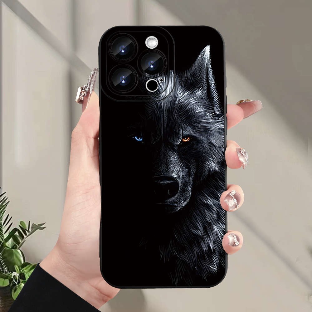 1Pc Black For iPhone 15 Wolf Pattern Phone Case