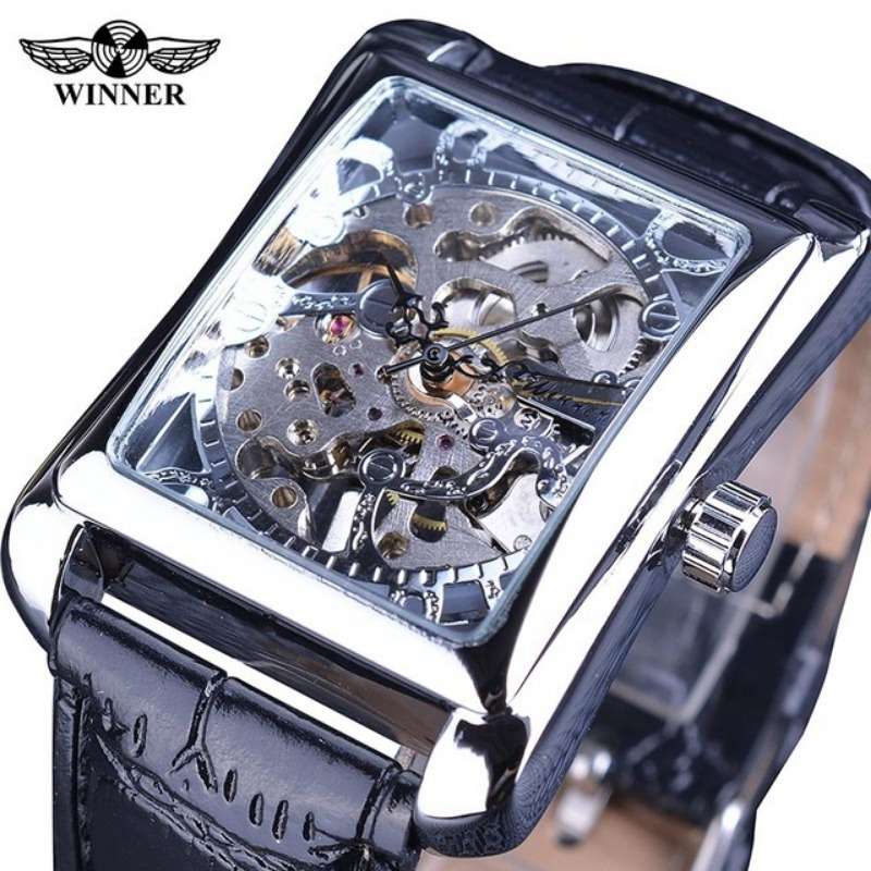 High Value Casual Skeleton Rectangle Watches Men Ultra Thin Mechanical