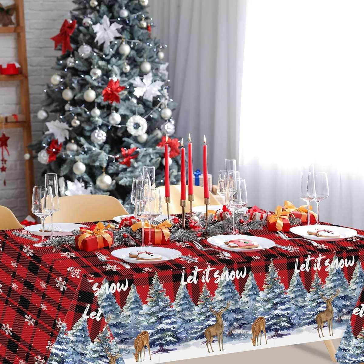 Christmas Tablecloth Color Black And Red Grid Quantity 4Pcs