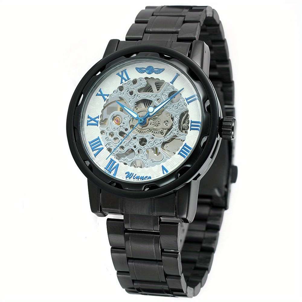 Modern Mens Mechanical Watch Skeleton Dial Full Black Dial Alloy Case