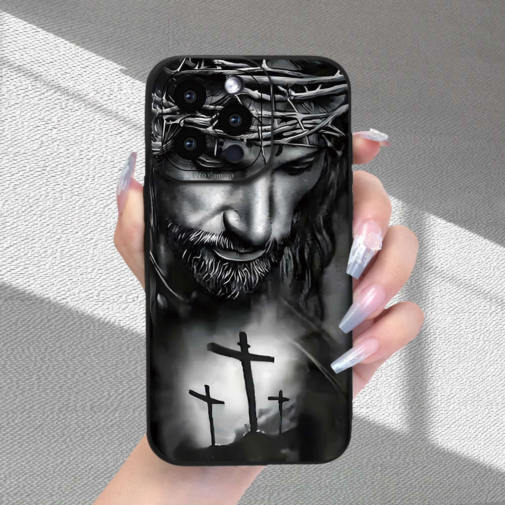 1Pc Black For iPhone 16 Plus Pirate And Cross Pattern Phone Case
