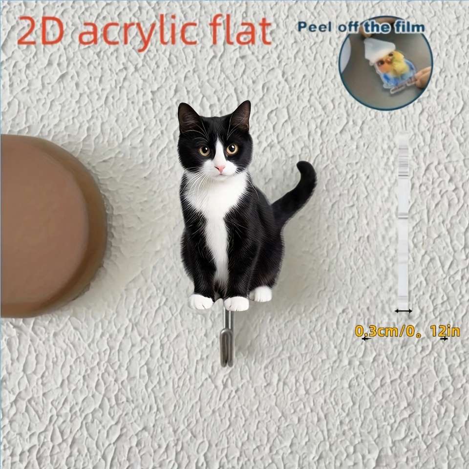 Cute Black White Kitten Wall Hook With Adhesive Backing No