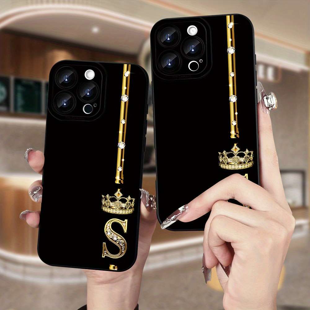 1Pc Black For iPhone 16 Pro Crown Diamond Letter S Phone Case