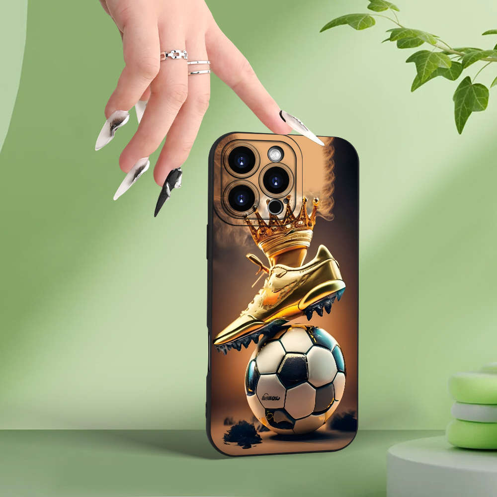 1Pc Black For iPhone 16 Pro Max Crown Golden Boot Soccer Phone Case