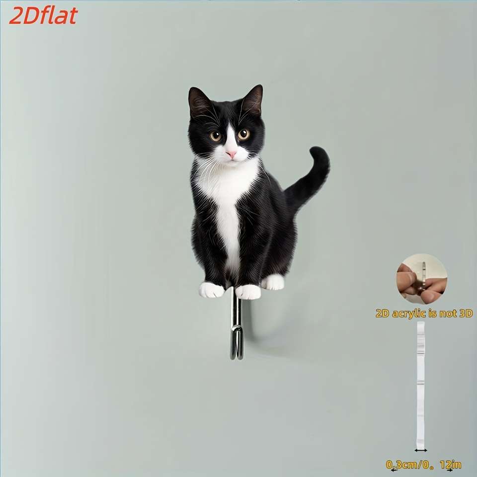 Cute Black White Kitten Wall Hook With Adhesive Backing No
