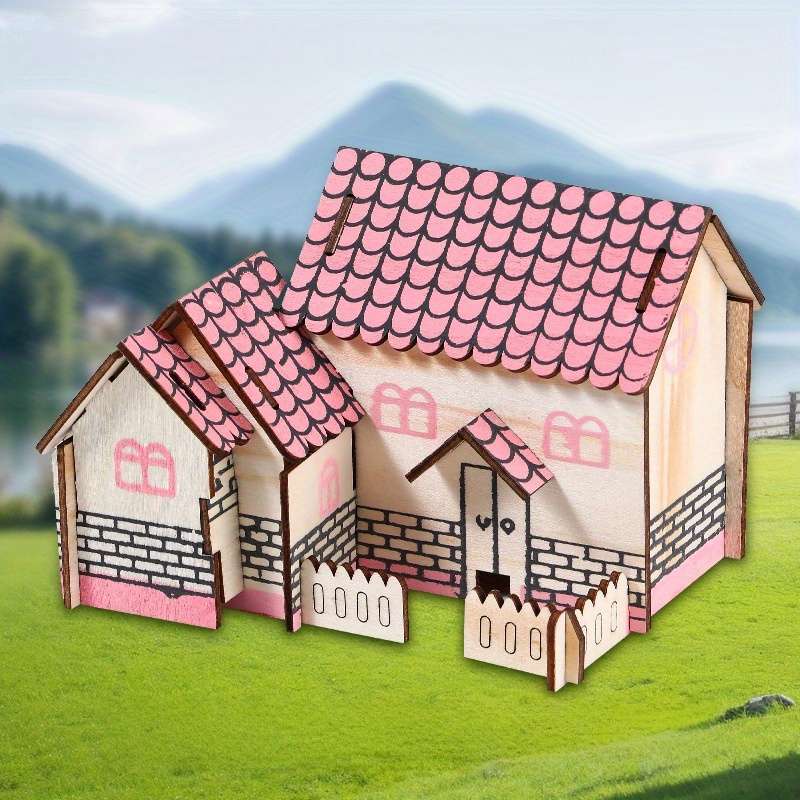 3D Building Model Puzzle Set Style Pink House