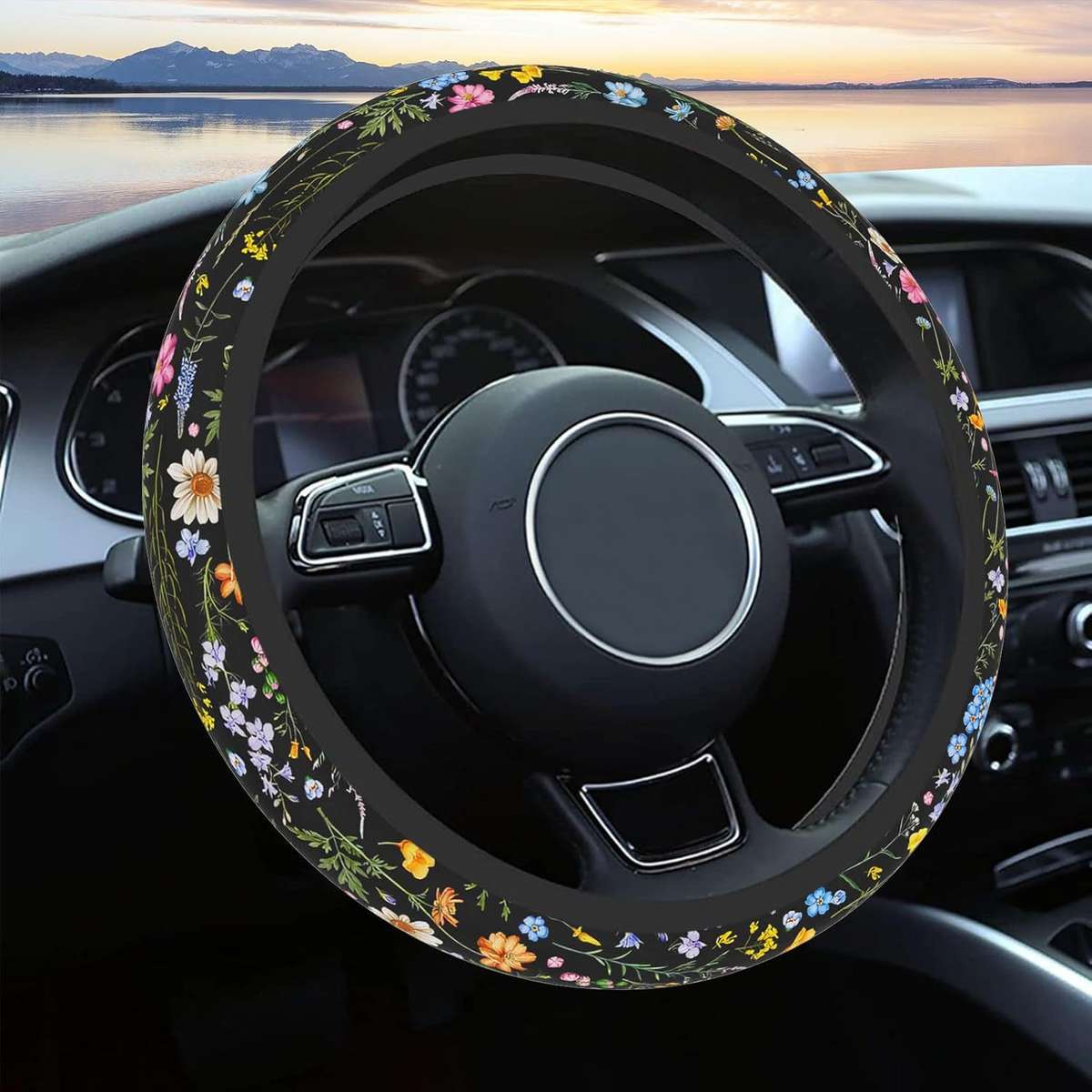 Car Steering Wheel Cover Multicolor Wildflowers Without Inner Circle Size 38Cm