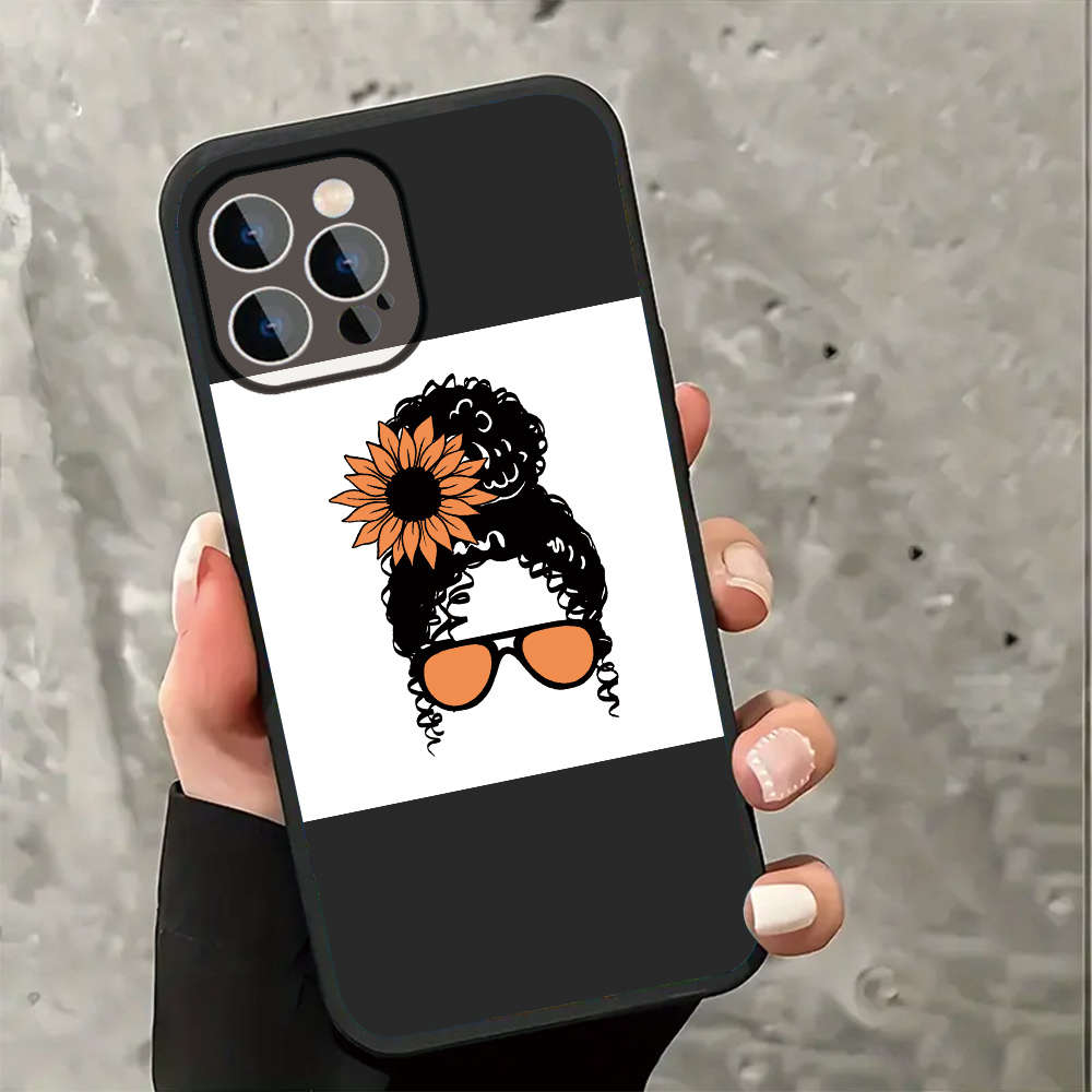 1Pc Black For iPhone 14 Plus Sunflower And Curls Phone Case