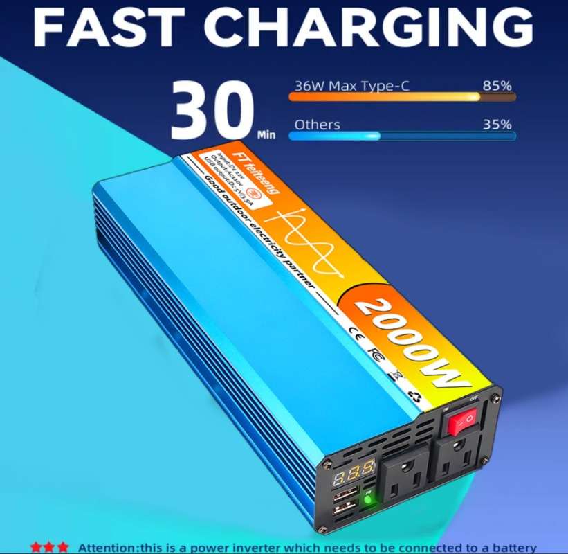 Efficient Pure Sine Wave Power Inverter 2000 Watts 1500 For Emergency Use 12V
