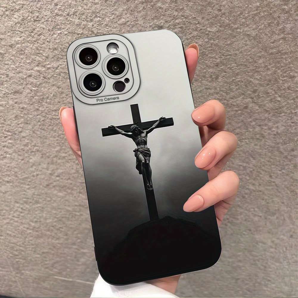 1Pc Black For iPhone 13 Mini Cross Jesus Print Phone Case