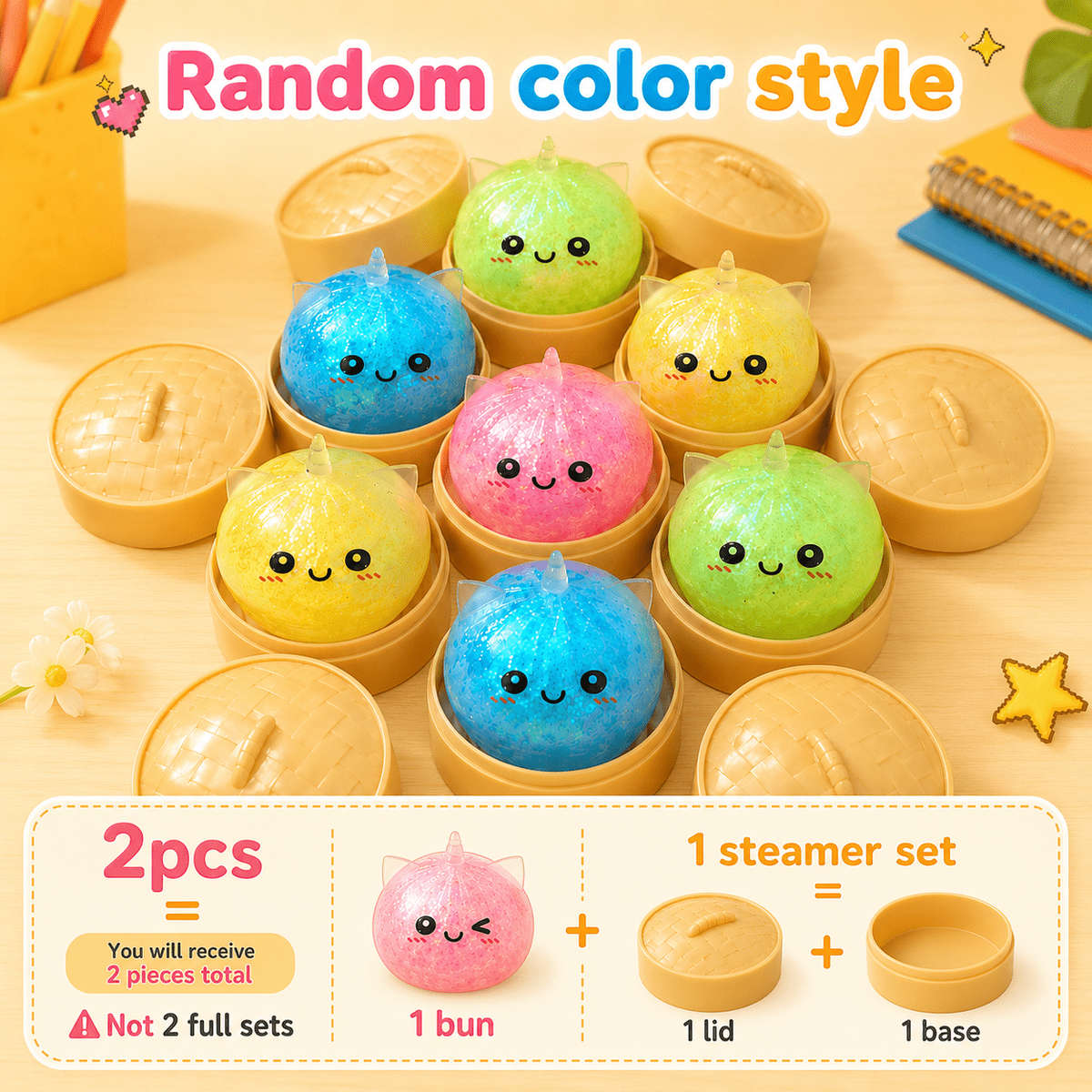 Squeezable Toys Style 2 Piece Set 1 Steamed Bun 1 Steamer Items Random Color Style
