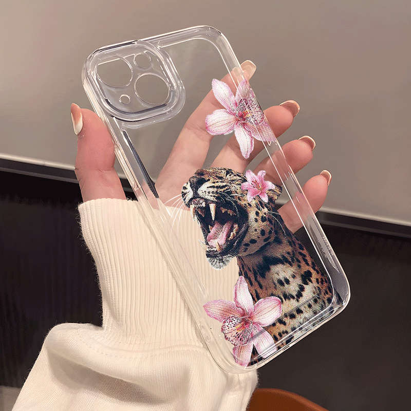 1Pc Transparent For iPhone 11 Pro Max Flower And Yellow Leopard Phone Case