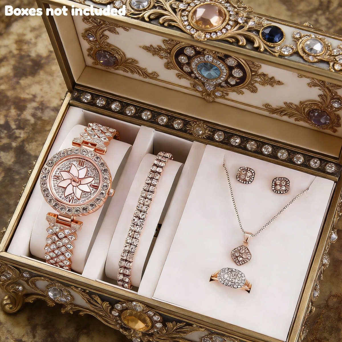6Pcs Classic Quartz Women Watch Jewelry Includes Necklace Ring Earrings