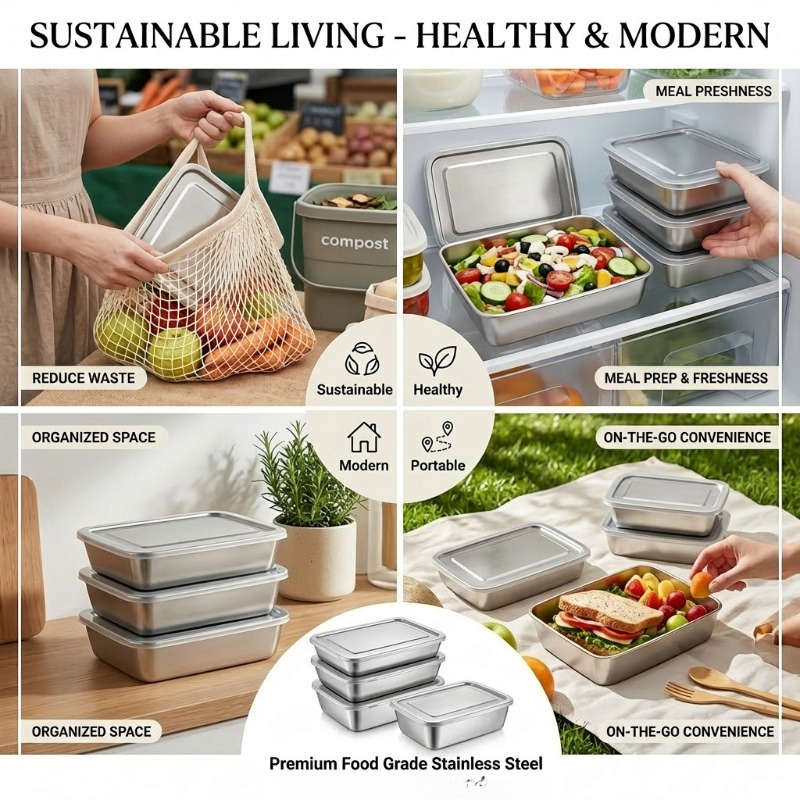 Antibacterial Box Stainless Steel Food Container 4Pcs 2 Boxes2 Lids