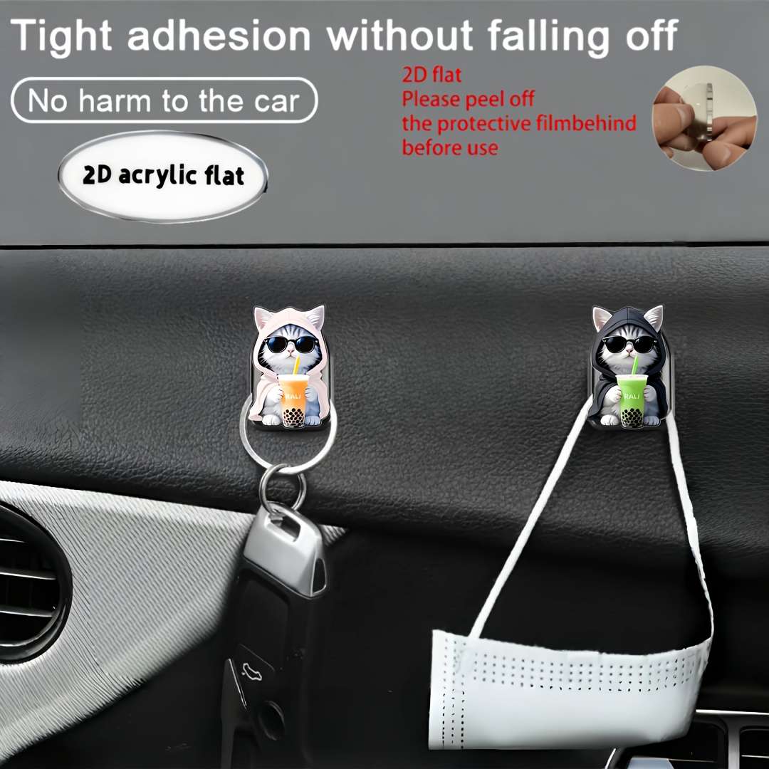 2D Flat Cute Cat Drinking Juice Pattern Adhesive Car Storage Quantity 2pcs