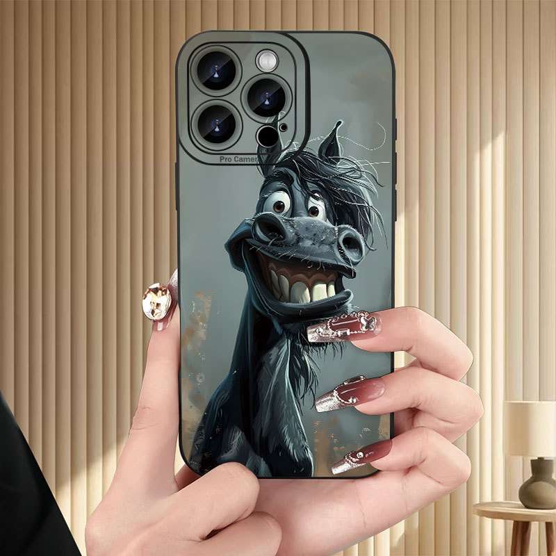1Pc Black For iPhone 14 Plus Horse Pattern Phone Case