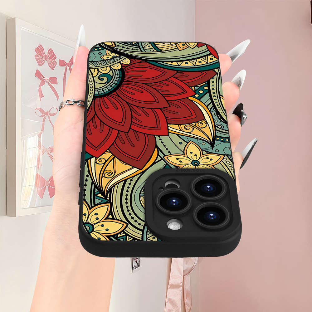 1Pc Black For iPhone 15 Plus Ethnic Print Phone Case