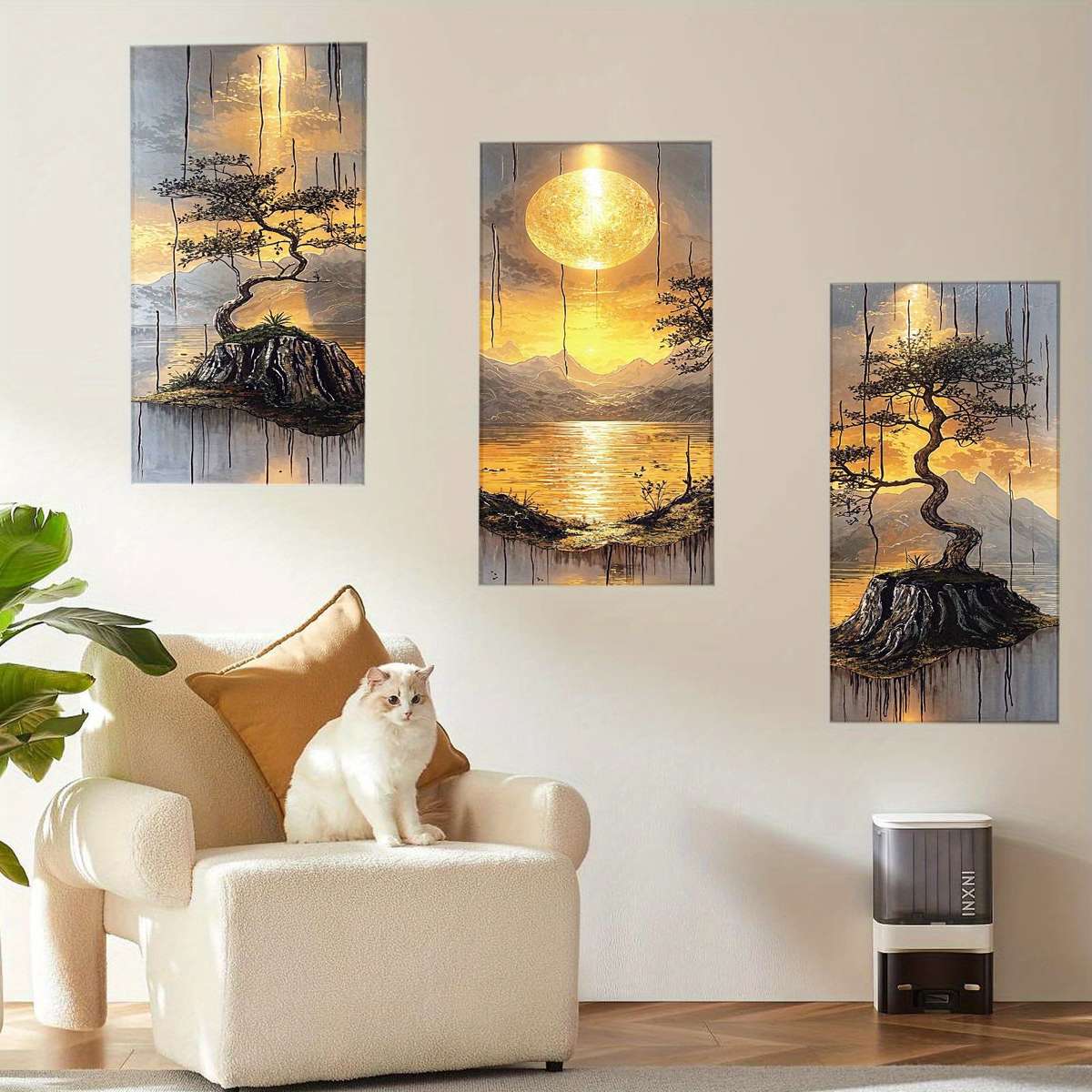 3Pcs Classic Leaflure Bonsai Tree Wall Art Golden Sun Mountain Living Room