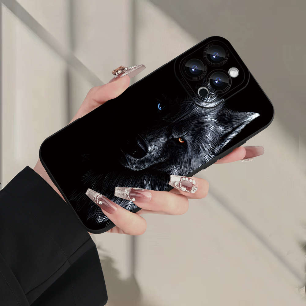 1Pc Black For iPhone 15 Wolf Pattern Phone Case