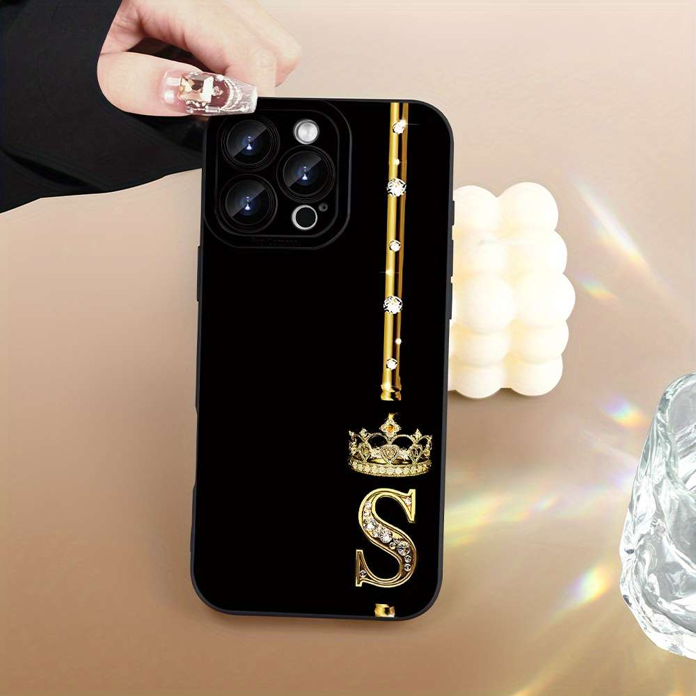 1Pc Black For iPhone 16 Pro Crown Diamond Letter S Phone Case