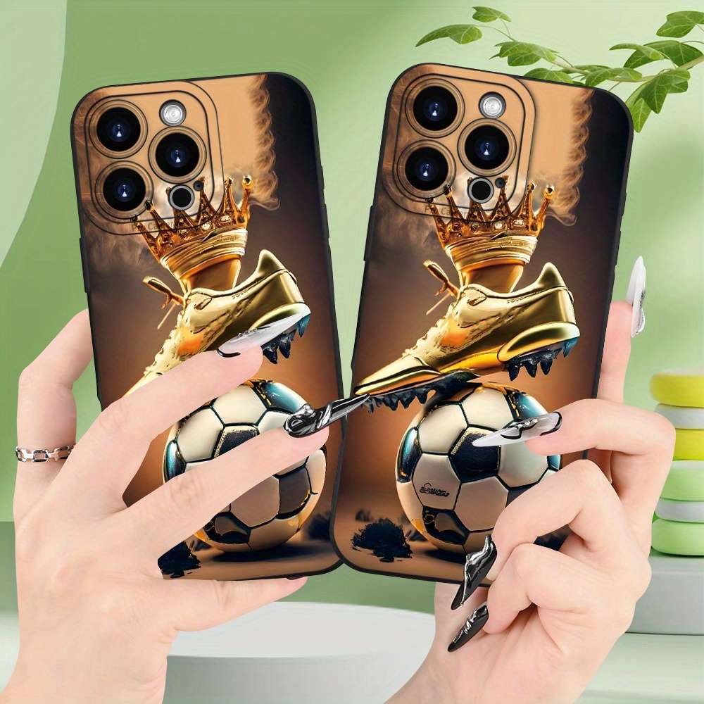 1Pc Black For iPhone 16 Pro Max Crown Golden Boot Soccer Phone Case