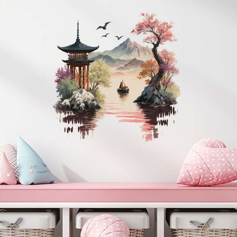 Luxury 1Pc Japanese Pagoda Mount Fuji Landscape Wall Sticker Wall Art