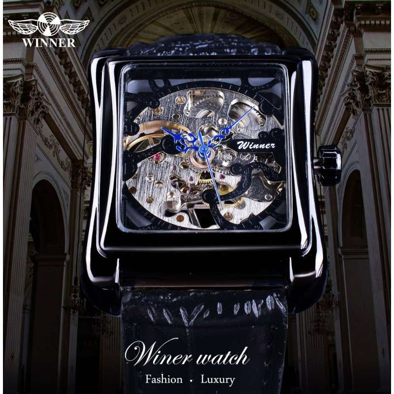 High Value Casual Skeleton Rectangle Watches Men Ultra Thin Mechanical