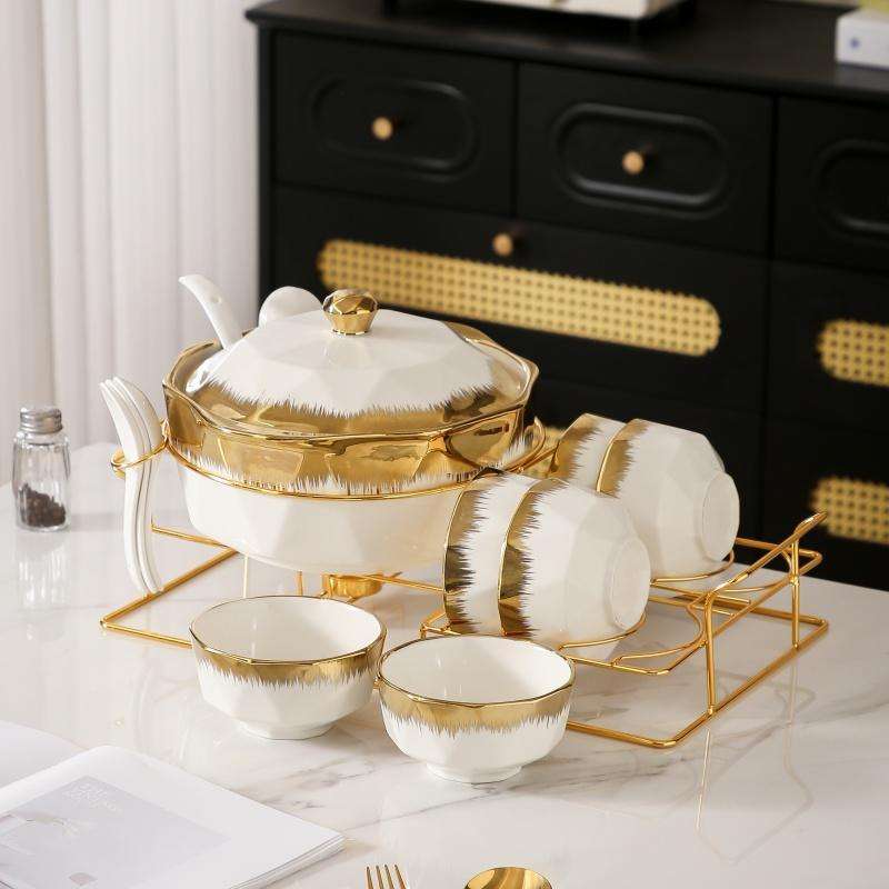 Bowl Color White 1 Soup Pot  1 Iron Rack  6 Bowls  7 Spoons