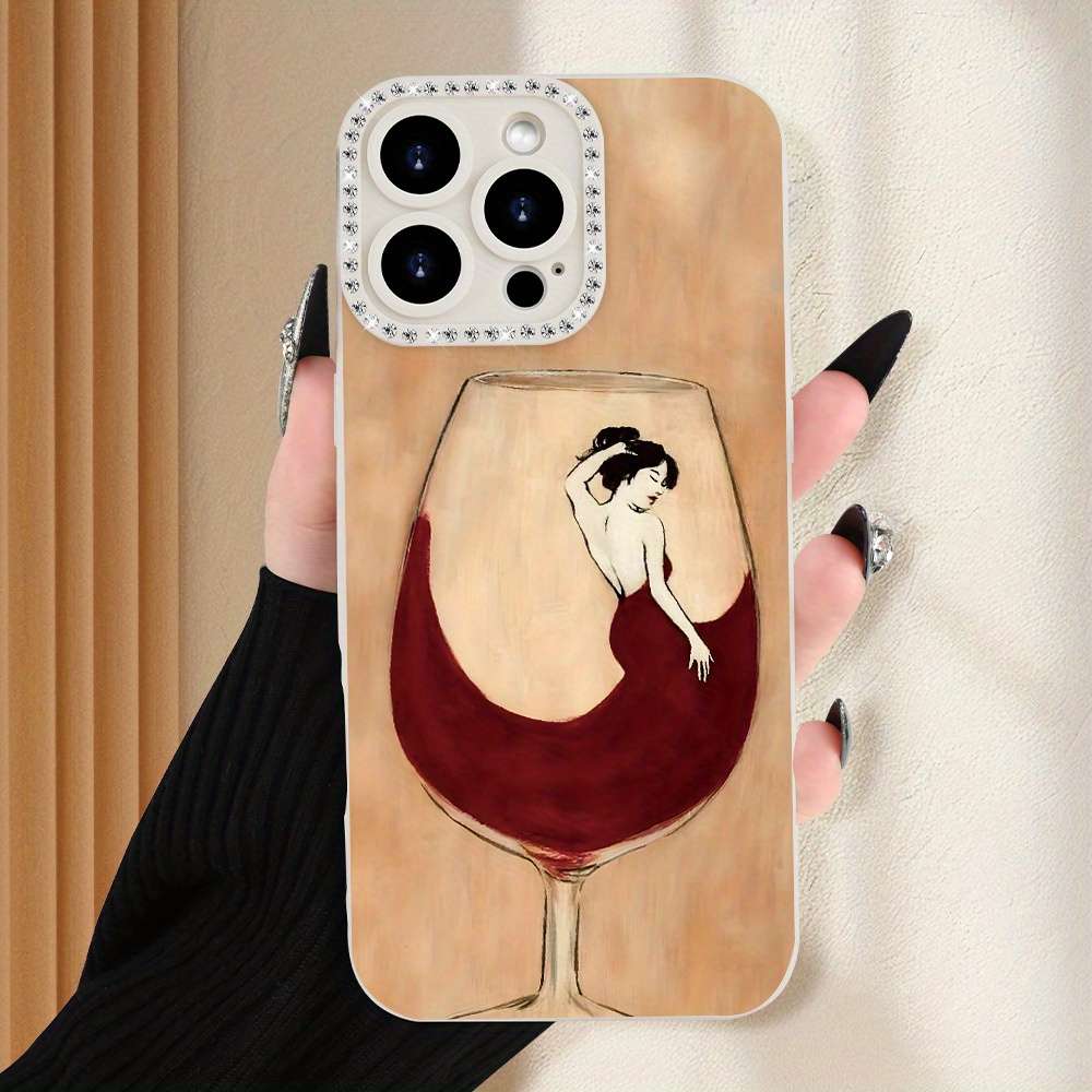 1Pc Ivory White For iPhone 16 Red Wine Print Phone Case