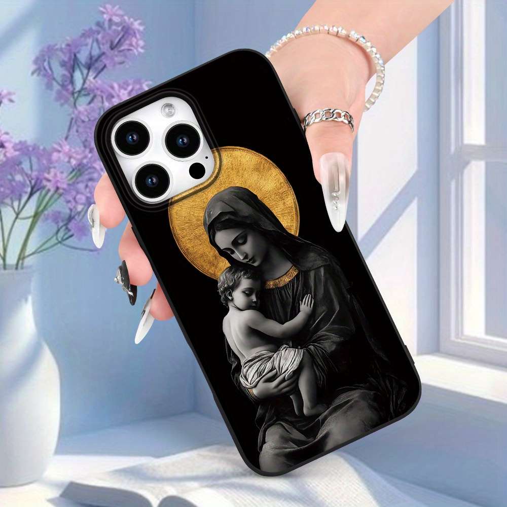 1Pc Black For iPhone 16 Pro Virgin Mary Jesus Phone Case