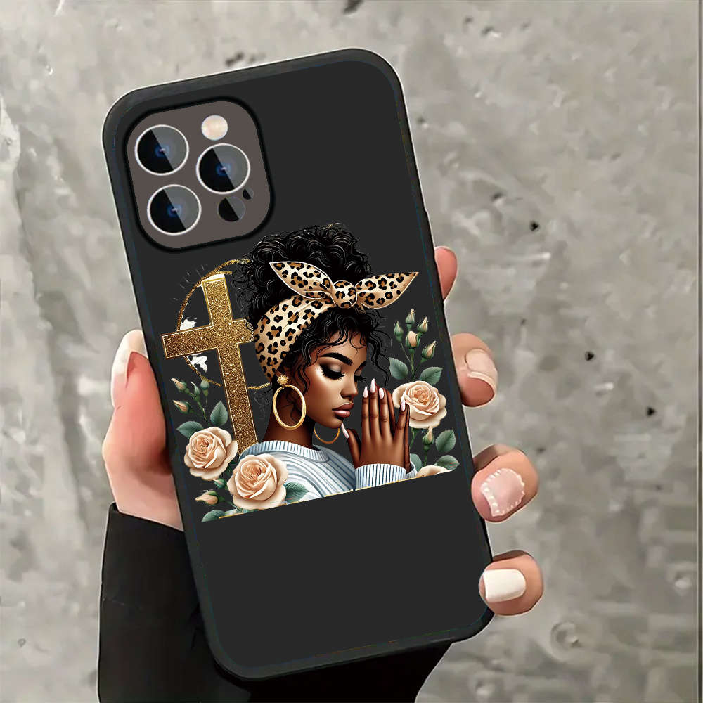 1Pc Black For iPhone 15 Plus Cross And Roses Phone Case