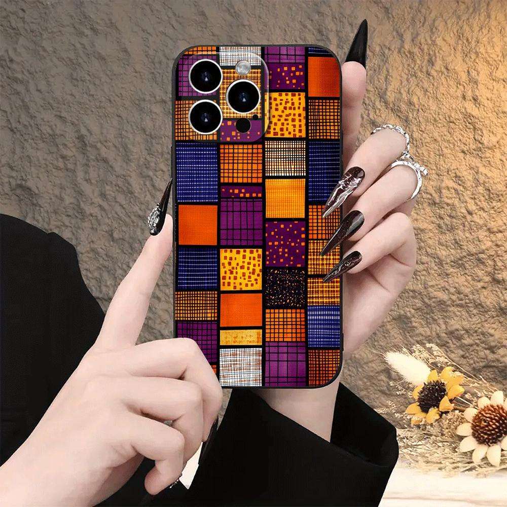 1Pc Black For iPhone 14 Plus Colorful African Fabric Phone Case