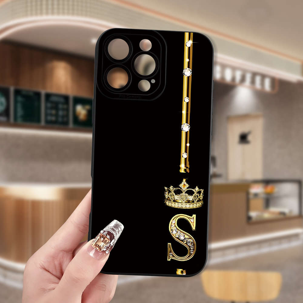1Pc Black For iPhone 16 Pro Crown Diamond Letter S Phone Case