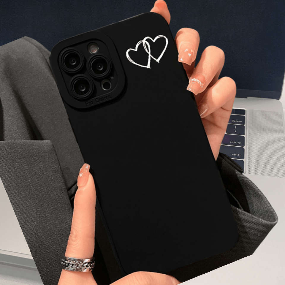 1Pc Black For iPhone 16 Plus Line And Heart Design Phone Case