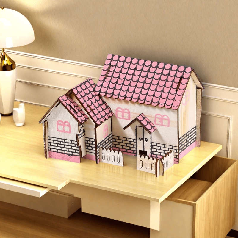 3D Building Model Puzzle Set Style Pink House