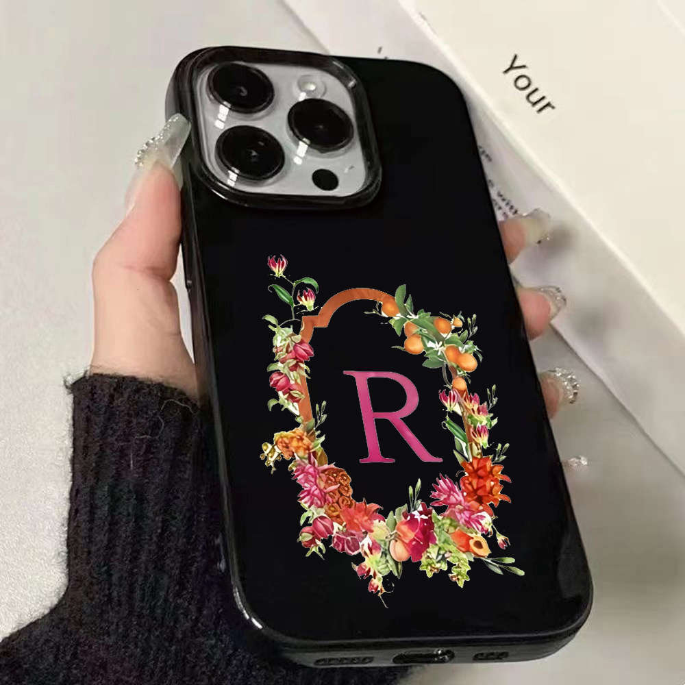 1Pc Black For iPhone 16 Pro Floral Letter R Design Phone Case