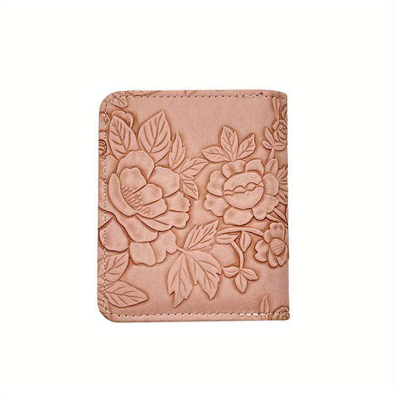 Women'S Pink Embossed Floral Zipper Walletlarge Capacity Card Holder With Chain Strap Elega